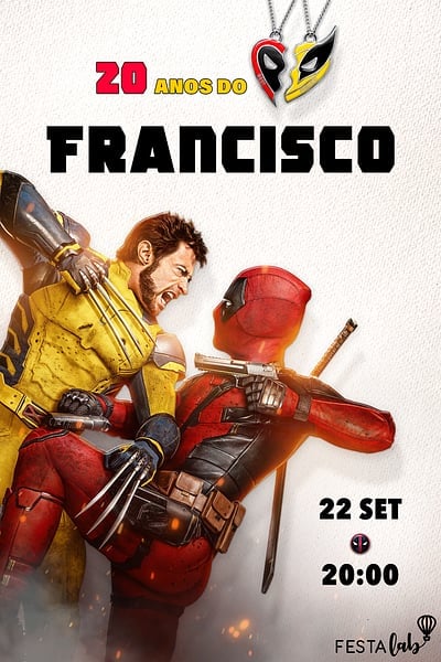 Modelo de Convite de Aniversario Adulto - Deadpool e Wolverine Convite Deadpool e Wolverine grátis para editar