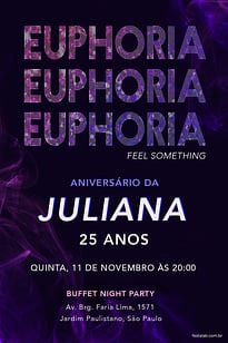 Modelo de Convite de Aniversario Adulto - Euphoria Convite Euphoria grátis para editar