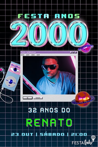 Modelo de Convite de Aniversario Adulto - Festa Anos 2000 Neon Convite Festa Anos 2000 Neon grátis para editar