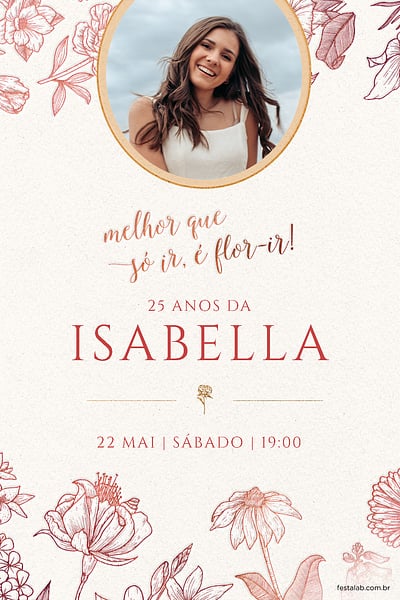 Modelo de Convite de Aniversario Adulto - Flor-ir vermelho Convite Flor-ir vermelho grátis para editar