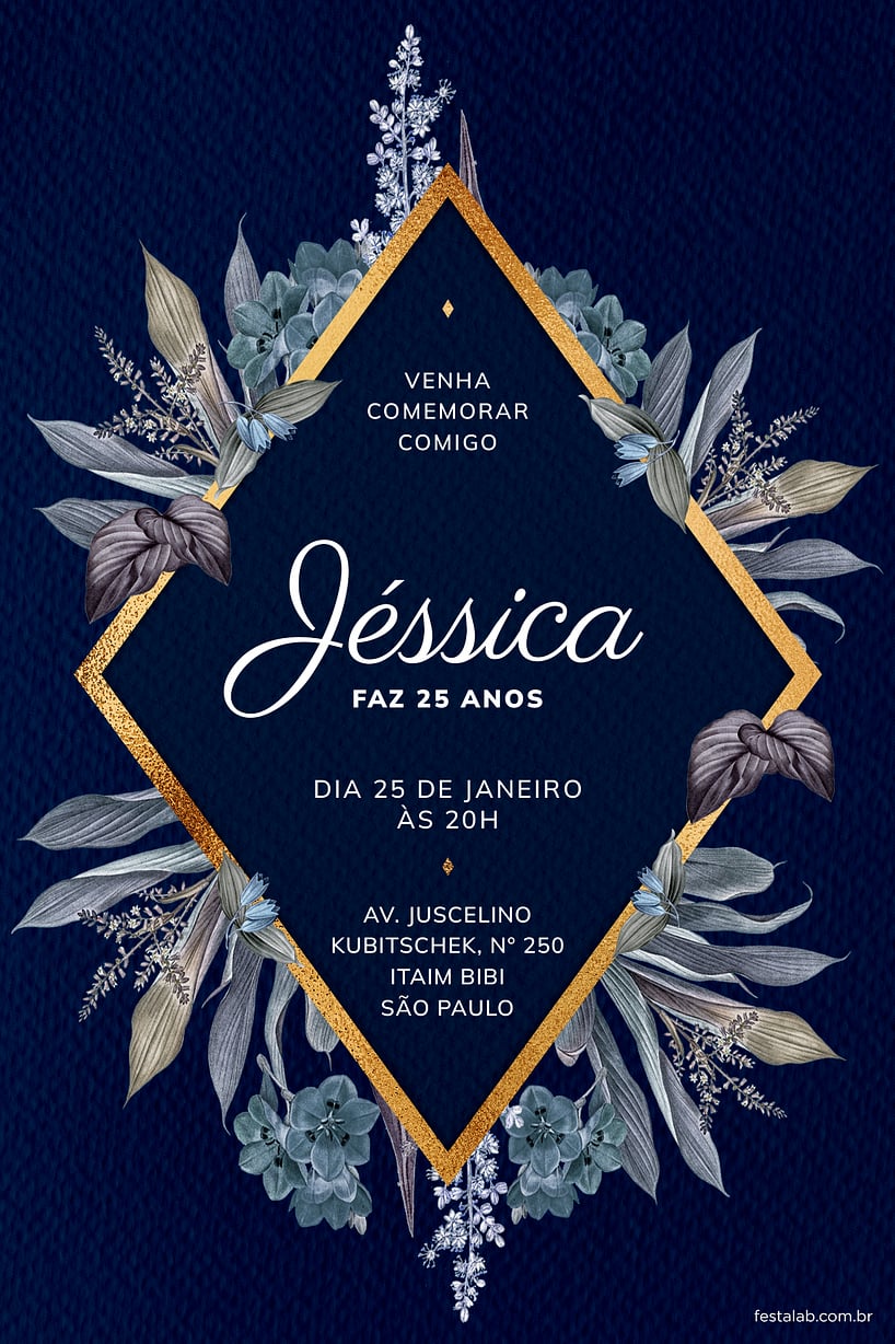 Convite Floral Azul grátis para editar