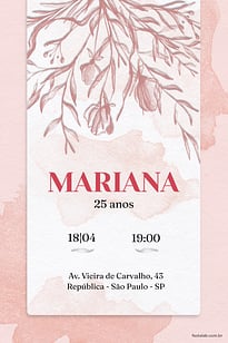 Modelo de Convite de Aniversario Adulto - Flores Aquarela Rosa Convite Flores Aquarela Rosa grátis para editar