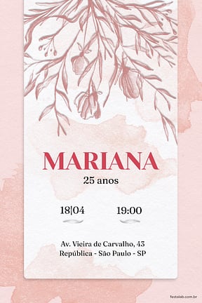 Modelo de Convite de Aniversario Adulto - Flores Aquarela Rosa Convite de Aniversario Adulto - Flores Aquarela Rosa