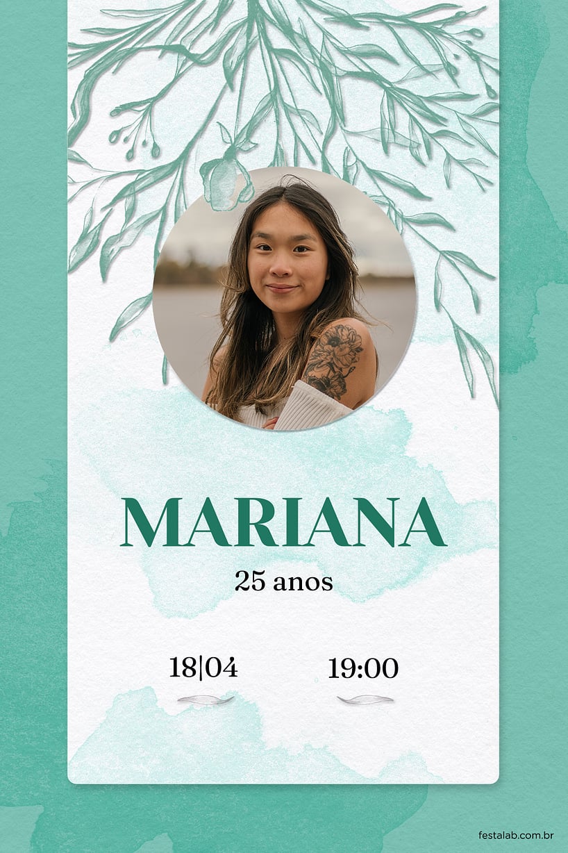 Convite Flores aquarela verde grátis para editar