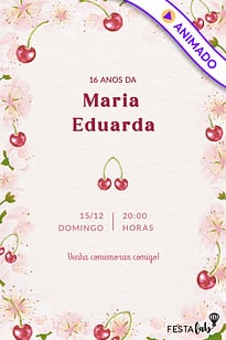Modelo de Convite de Aniversario Adulto - Flores e Cerejas Convite Flores e Cerejas grátis para editar