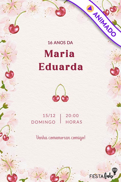 Modelo de Convite de Aniversario Adulto - Flores e Cerejas Convite Flores e Cerejas grátis para editar