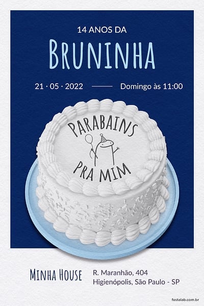 Modelo de Convite de Aniversario Adulto - Flork Cake Azul Convite Flork Cake Azul grátis para editar