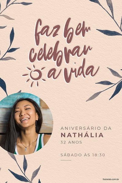 Modelo de Convite de Aniversario Adulto - Folhagem azul Convite Folhagem azul grátis para editar