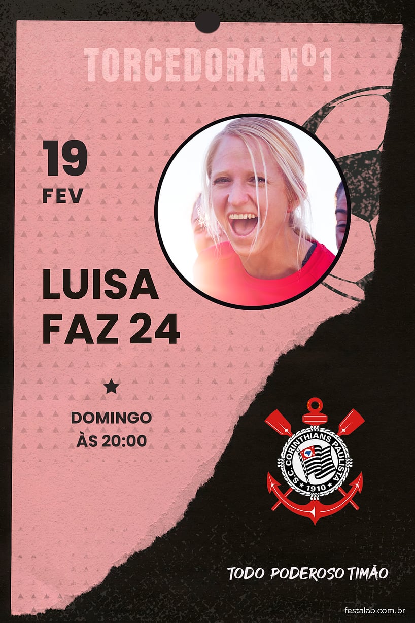 Modelo de Convite de Aniversario Adulto - Futebol Corinthians Rosa Paper Convite de Aniversario Adulto - Futebol Corinthians Rosa Paper