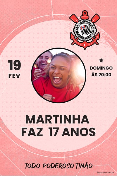 Criar convite de aniversário - Futebol Corinthians Rosa| FestaLab