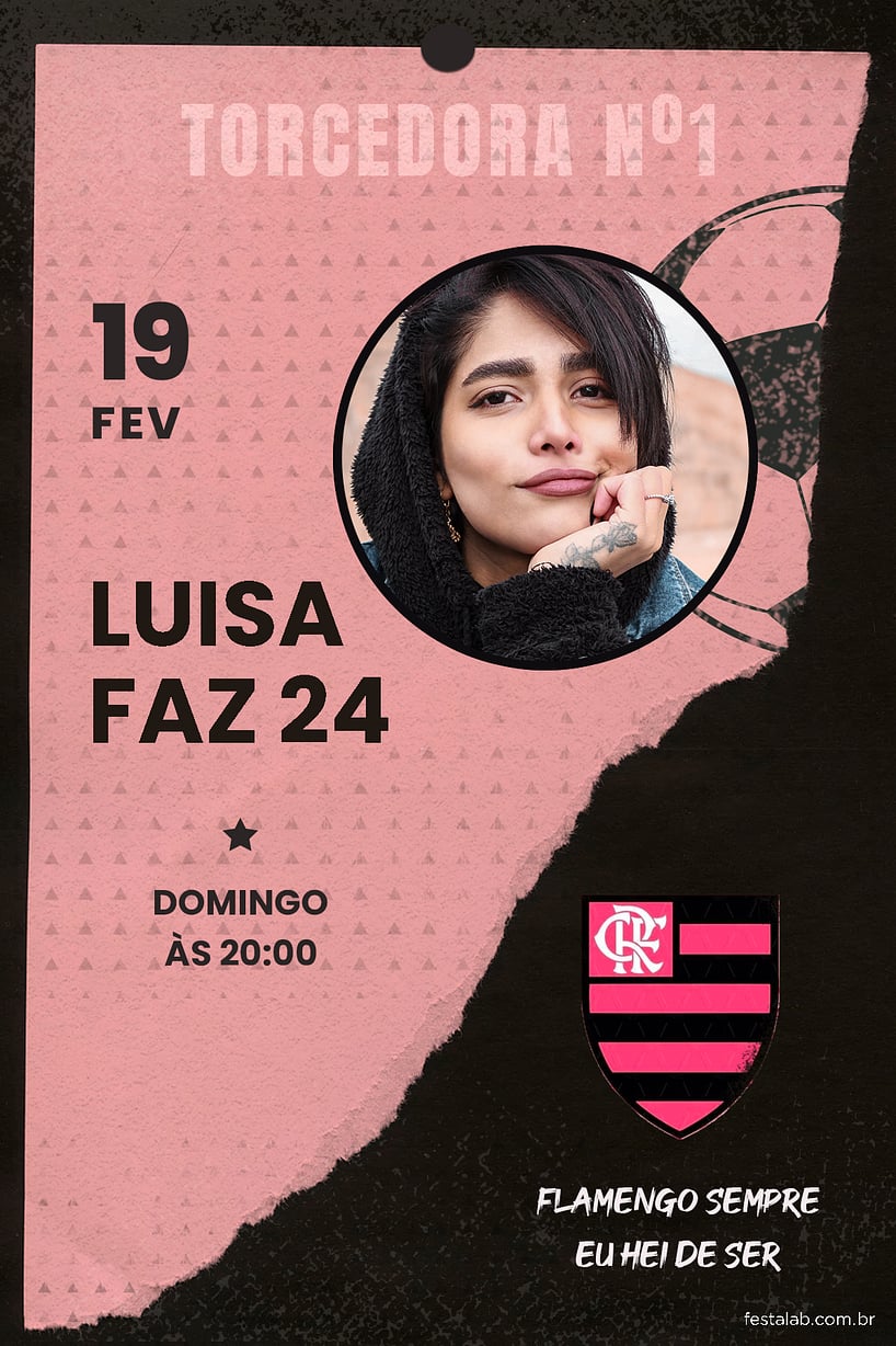Convite de Aniversario Adulto - Futebol Flamengo Rosa Paper
