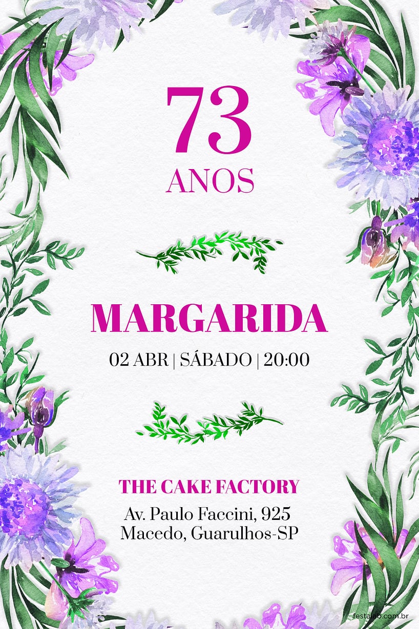 Convite de Aniversario Adulto - Galhos & Flores Lilas