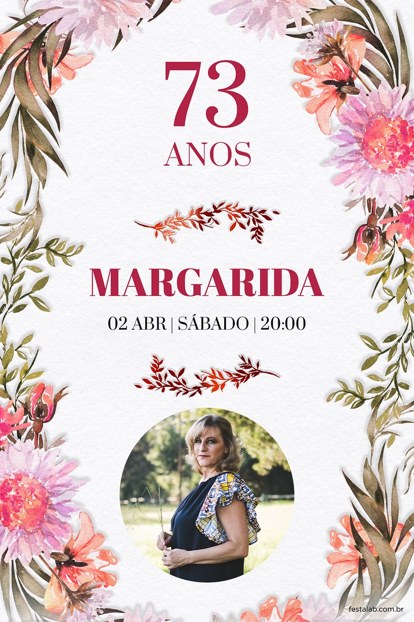 Convite de Aniversario Adulto - Galhos & Flores Rosas