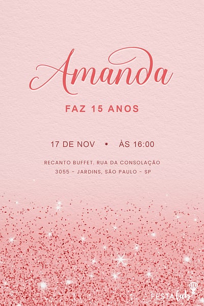 Modelo de Convite de Aniversario Adulto - Glamour em Glitter Convite Glamour em Glitter grátis para editar