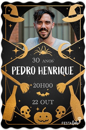 Modelo de Convite de Aniversario Adulto - Halloween dourado Convite de Aniversario Adulto - Halloween dourado