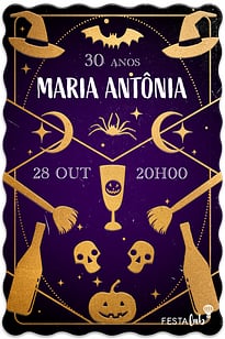 Modelo de Convite de Aniversario Adulto - Halloween dourado roxo Convite Halloween dourado roxo grátis para editar