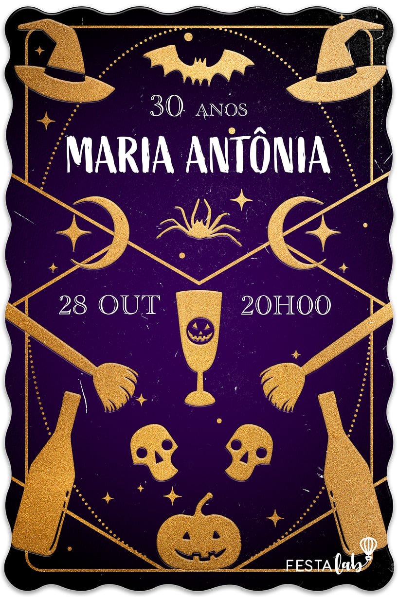 Convite Halloween dourado roxo grátis para editar
