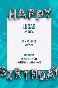 Modelo de Convite de Aniversario Adulto - Happy Birthday: Azul Convite Happy Birthday: Azul grátis para editar