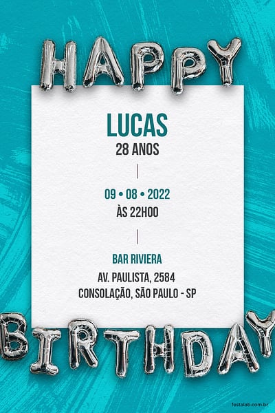 Modelo de Convite de Aniversario Adulto - Happy Birthday: Azul Convite Happy Birthday: Azul grátis para editar