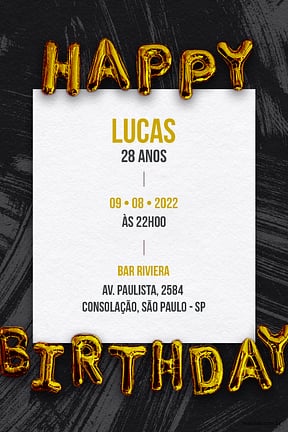 Modelo de Convite de Aniversario Adulto - Happy Birthday: Preto Convite de Aniversario Adulto - Happy Birthday: Preto