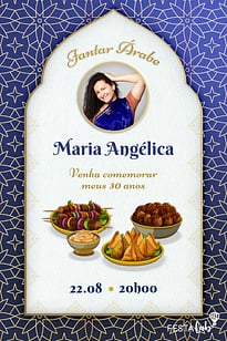Modelo de Convite de Aniversario Adulto - Jantar Arabe Convite Jantar Árabe grátis para editar