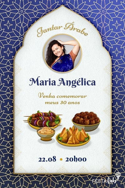 Modelo de Convite de Aniversario Adulto - Jantar Arabe Convite Jantar Árabe grátis para editar