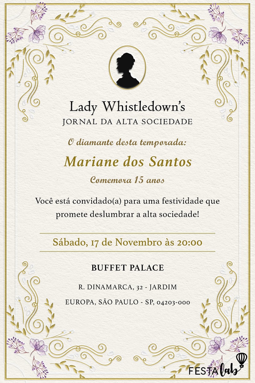 Criar convite de aniversário - Jornal da Lady Whistledown’s| FestaLab