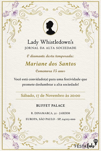 Modelo de Convite de Aniversario Adulto - Jornal da Lady Whistledown?s Convite Jornal da Lady Whistledown’s grátis para editar