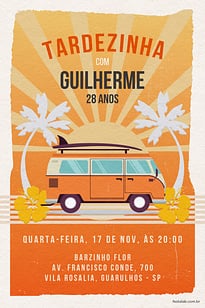 Modelo de Convite de Aniversario Adulto - Aventuras na Kombi: Laranja Convite Aventuras na Kombi: Laranja grátis para editar