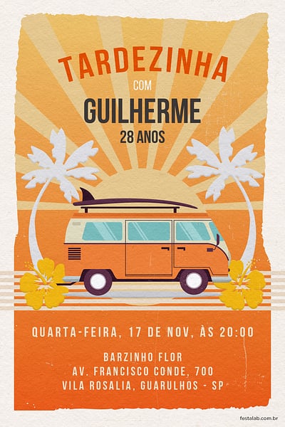 Modelo de Convite de Aniversario Adulto - Aventuras na Kombi: Laranja Convite Aventuras na Kombi: Laranja grátis para editar