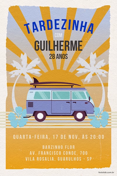 Modelo de Convite de Aniversario Adulto - Aventuras na Kombi Convite Aventuras na Kombi grátis para editar