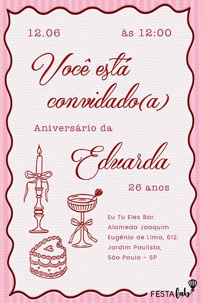 Modelo de Convite de Aniversario Adulto - Lacos e Bolos Aesthetic Convite Laços e Bolos Aesthetic grátis para editar