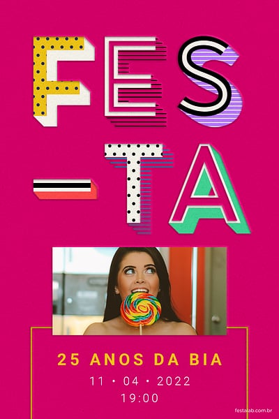 Modelo de Convite de Aniversario Adulto - Letras Festivas Convite Letras Festivas grátis para editar