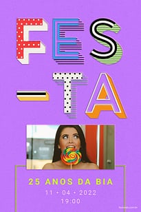 Modelo de Convite de Aniversario Adulto - Letras Festivas cor roxa Convite Letras Festivas cor roxa grátis para editar
