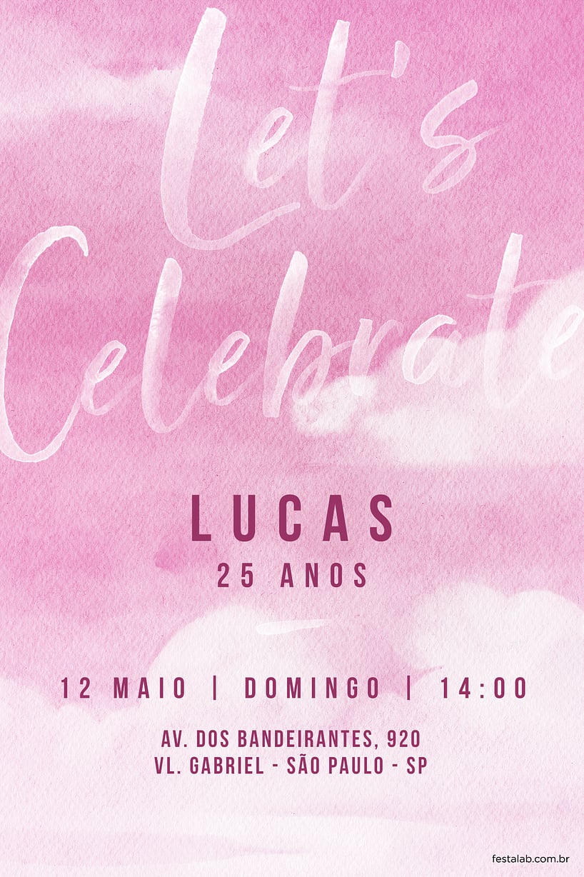 Modelo de Convite de Aniversario Adulto - Let's Celebrate Rosa Convite Let's Celebrate Rosa grátis para editar