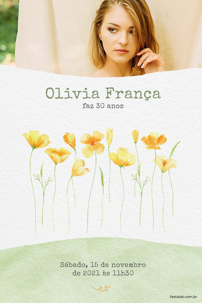 Modelo de Convite de Aniversario Adulto - Lirios aquarela amarelo Convite Lírios aquarela amarelo grátis para editar
