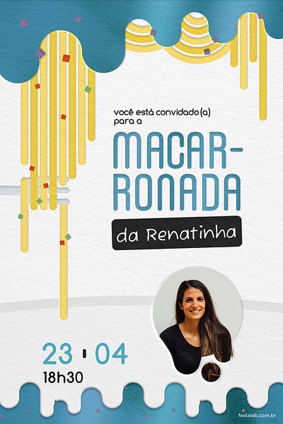 Modelo de Convite de Aniversario Adulto - Macarronada Azul Convite Macarronada Azul grátis para editar