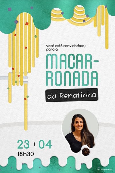 Modelo de Convite de Aniversario Adulto - Macarronada Verde Convite Macarronada Verde grátis para editar