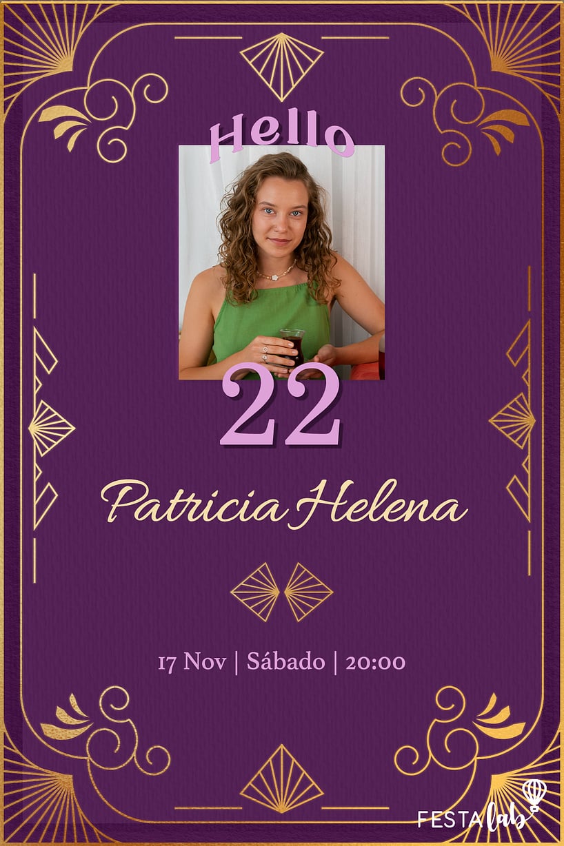 Modelo de Convite de Aniversario Adulto - Moldura Aesthetic Roxo Convite Moldura Aesthetic Roxo grátis para editar
