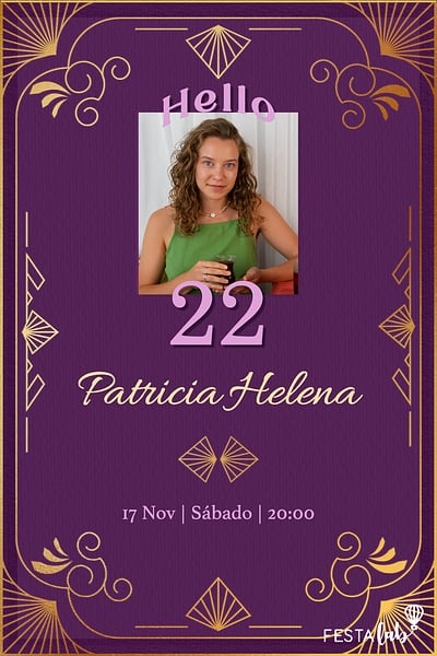 Modelo de Convite de Aniversario Adulto - Moldura Aesthetic Roxo Convite Moldura Aesthetic Roxo grátis para editar