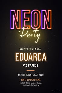 Modelo de Convite de Aniversario Adulto - Neon Party Convite Neon Party grátis para editar