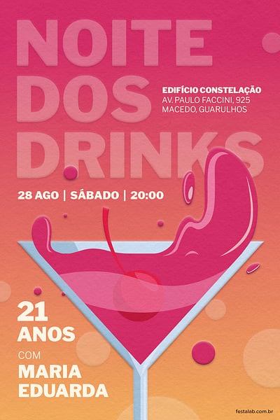 Modelo de Convite de Aniversario Adulto - Noite dos Drinks Convite Noite dos Drinks grátis para editar