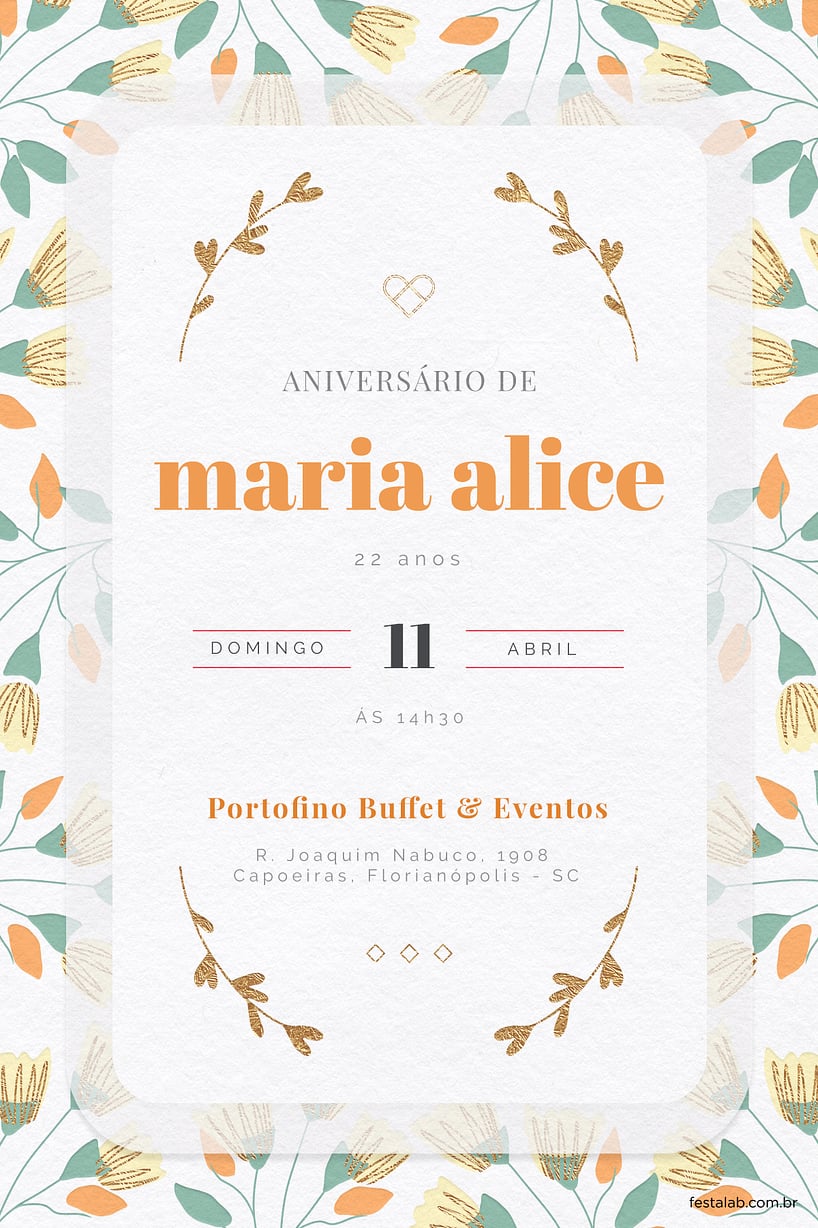 Convite de Aniversario Adulto - Raminhos Laranja