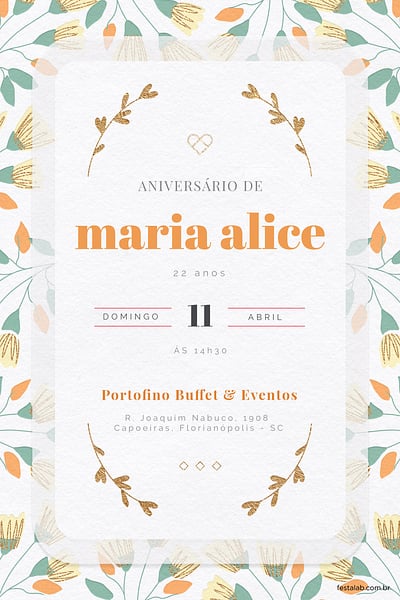 Modelo de Convite de Aniversario Adulto - Raminhos Laranja Convite Raminhos Laranja grátis para editar