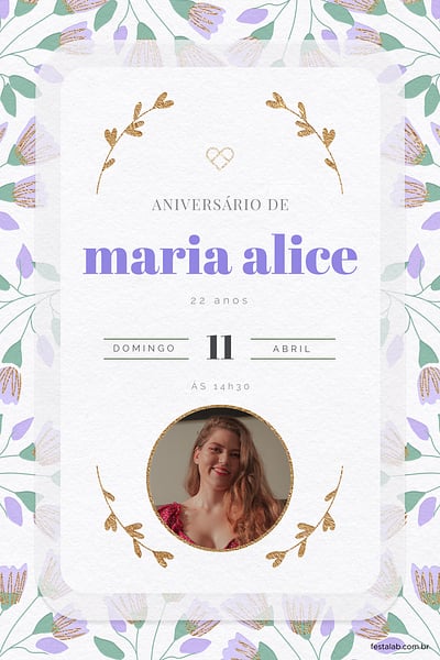 Modelo de Convite de Aniversario Adulto - Raminhos Lilas Convite Raminhos Lilás grátis para editar