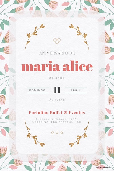 Modelo de Convite de Aniversario Adulto - Raminhos Rosa Convite Raminhos Rosa grátis para editar