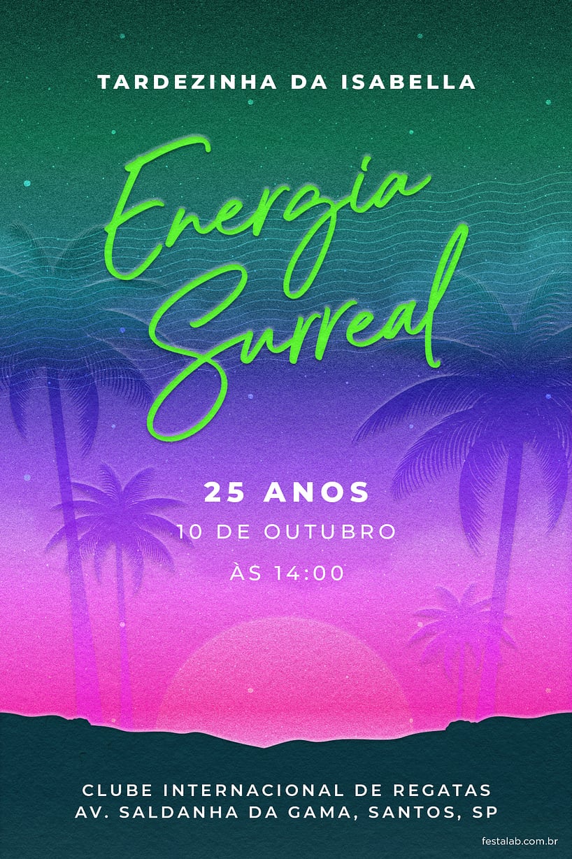Convite Uma Festa ao Pôr do Sol: Verde e Roxo grátis para editar