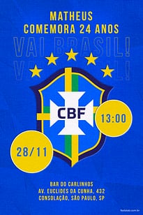 Modelo de Convite de Aniversario Adulto - Vai Brasil azul Convite Vai Brasil azul grátis para editar
