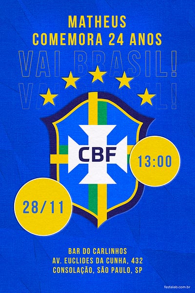 Modelo de Convite de Aniversario Adulto - Vai Brasil azul Convite Vai Brasil azul grátis para editar