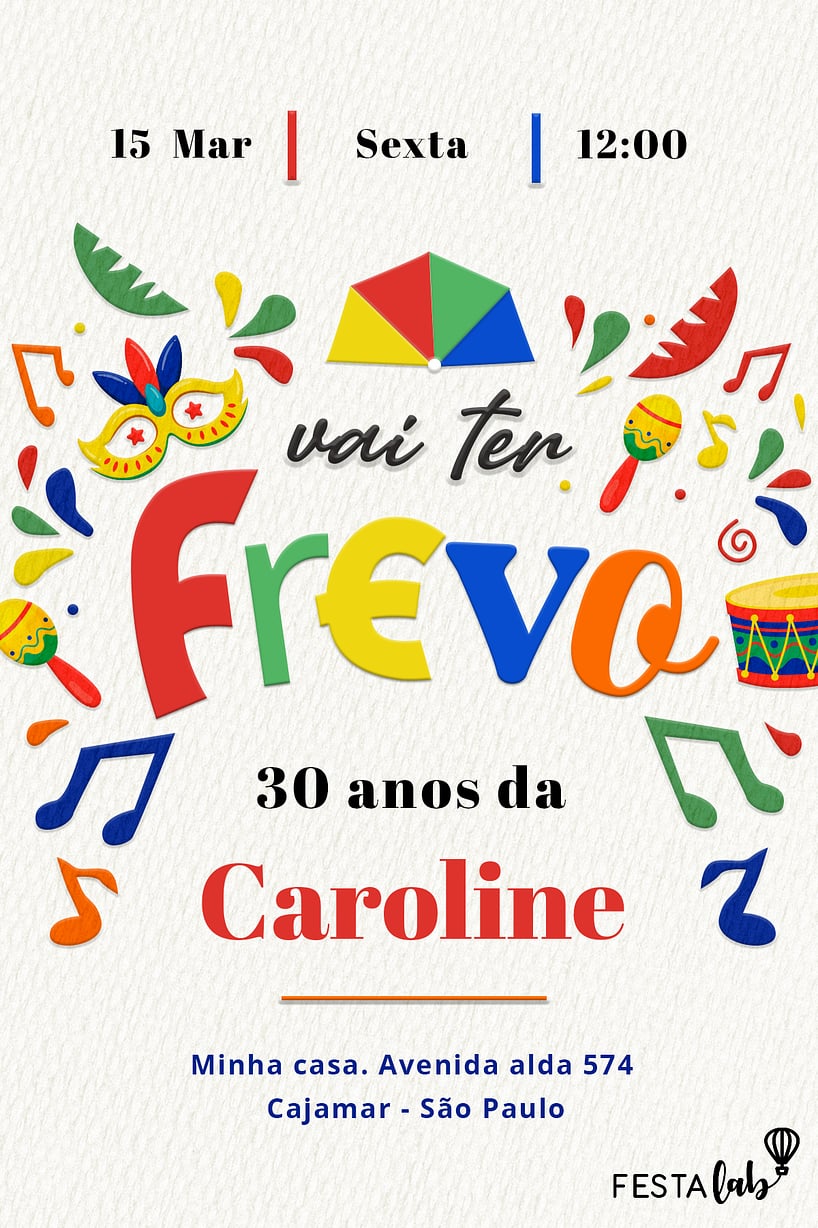 Convite de Aniversario Adulto - Vai ter Frevo